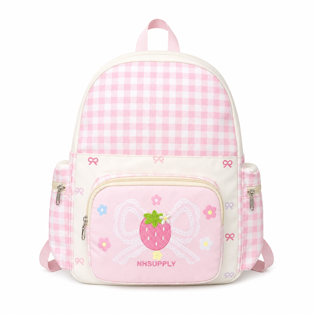 Pink Plaid Strawberry Bow Backpack
