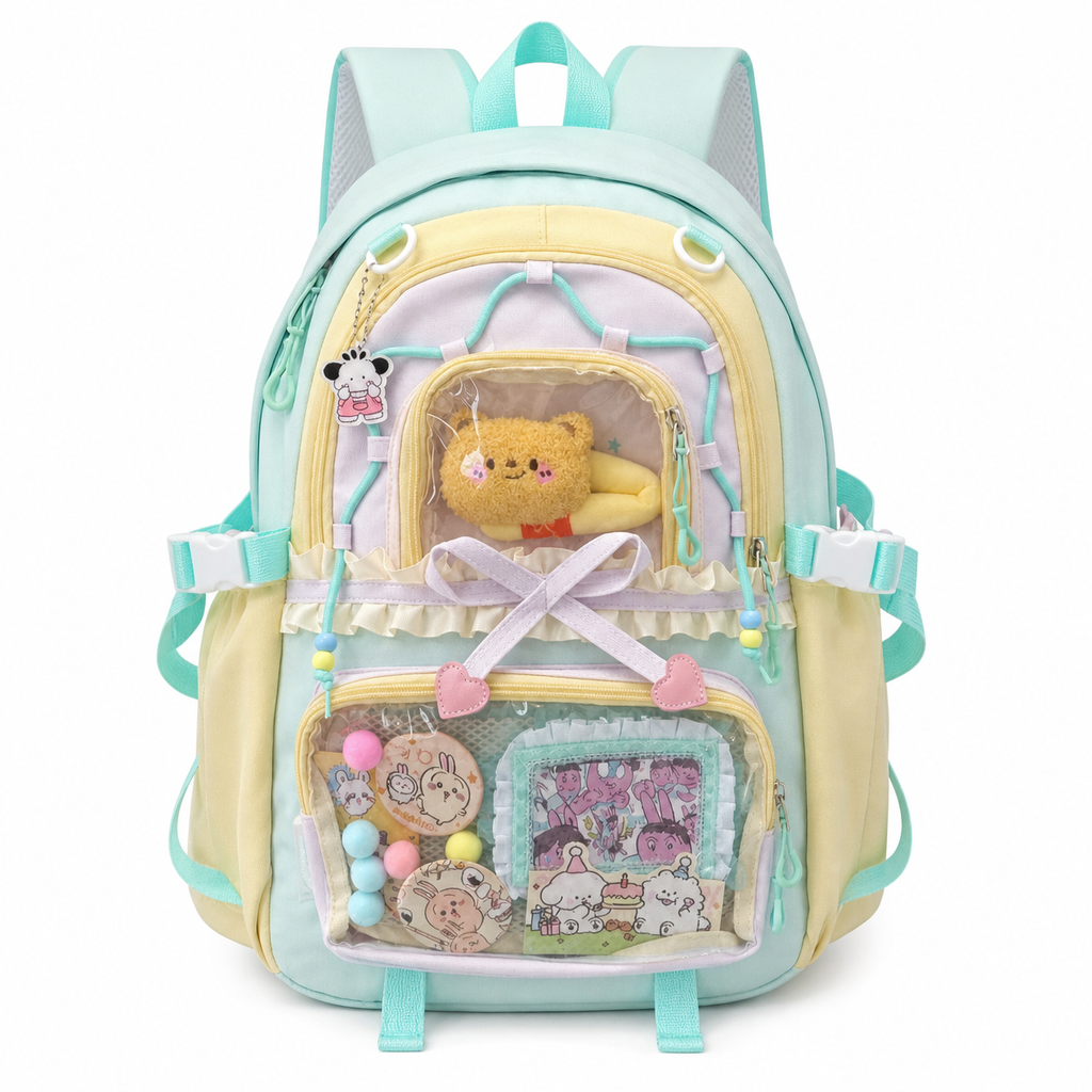 Kawaii Ita Backpack with Clear Display Pockets and Ruffle Bow Detail