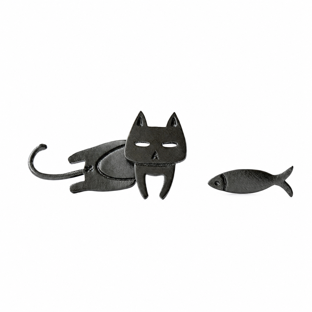 925 Sterling Silver Cat and Fish Stud Earrings