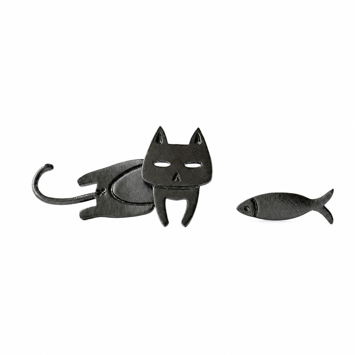925 Sterling Silver Cat and Fish Stud Earrings