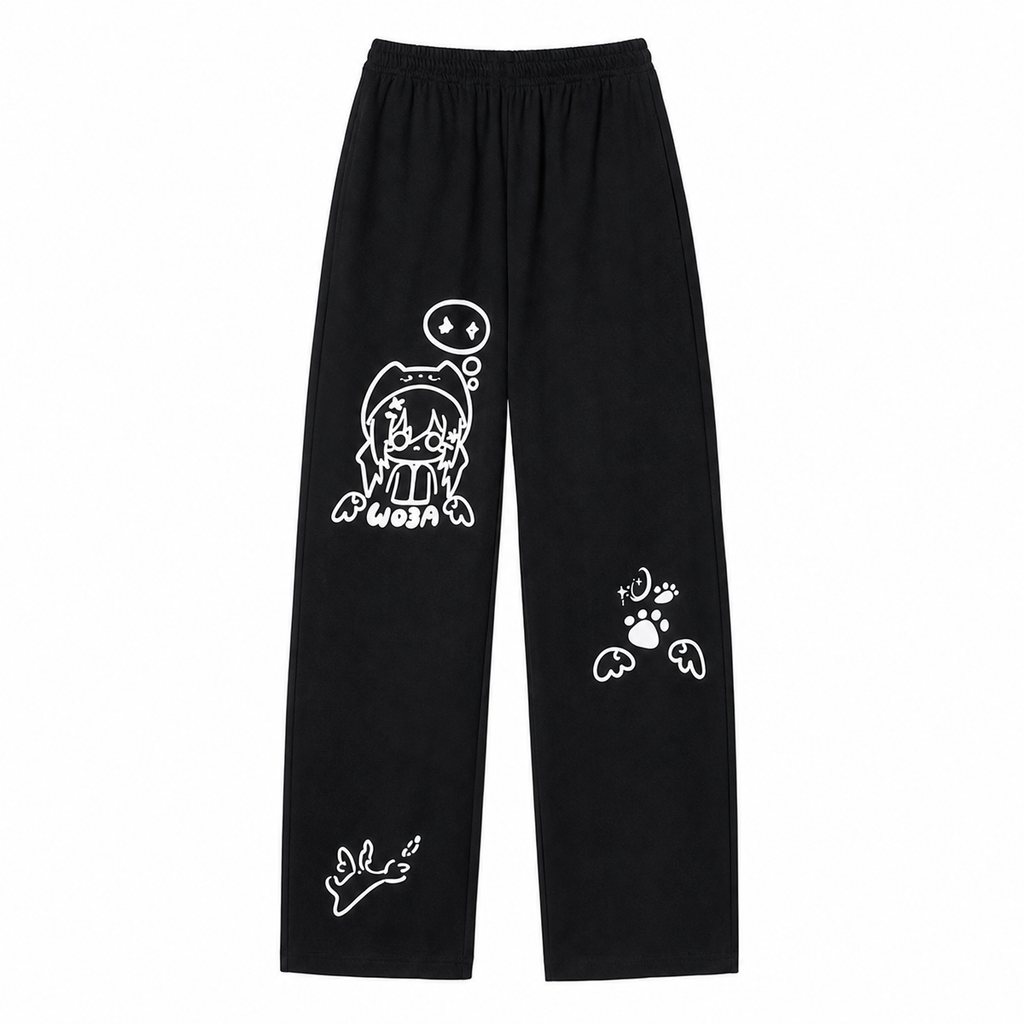 Women's Black Cartoon Print Straight-Leg Pants