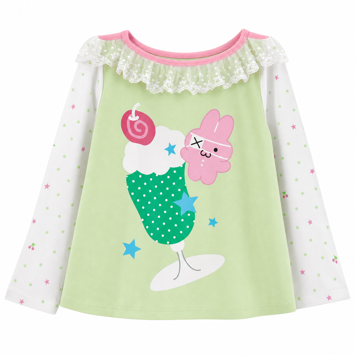 Kawaii Green Cartoon Graphic Long-Sleeve Top