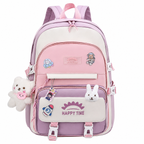 Kawaii Multi-Pocket Nylon Backpack with Bear & Bunny Charms