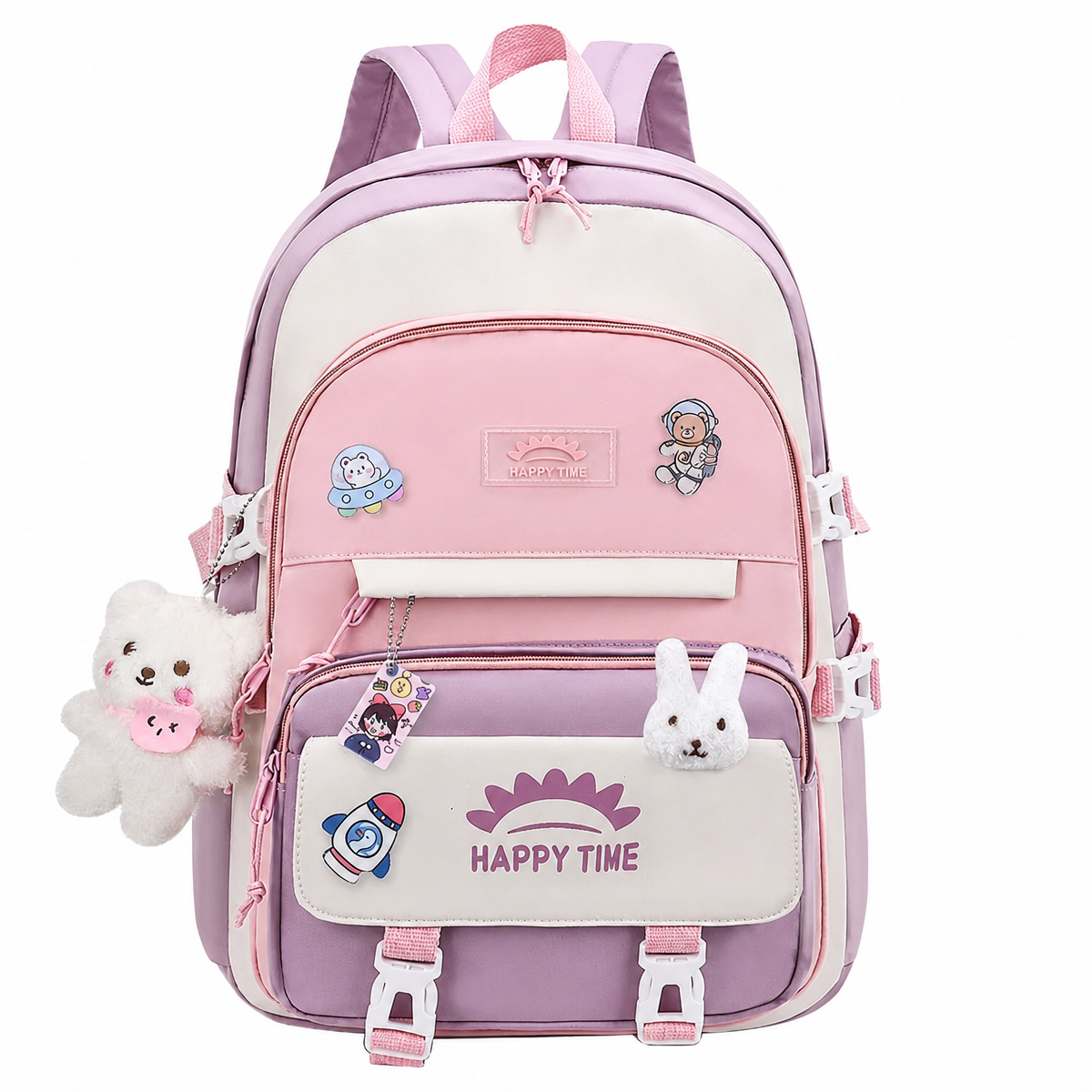 Kawaii Multi-Pocket Nylon Backpack with Bear & Bunny Charms