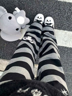 Kawaii Black & Gray Striped Character Print Pants with Lace-Up Detail