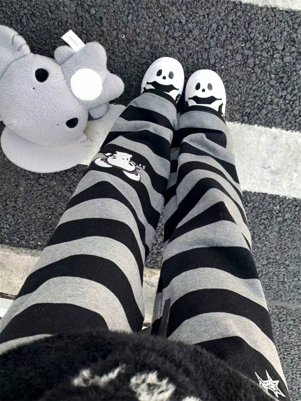 Kawaii Black & Gray Striped Character Print Pants with Lace-Up Detail