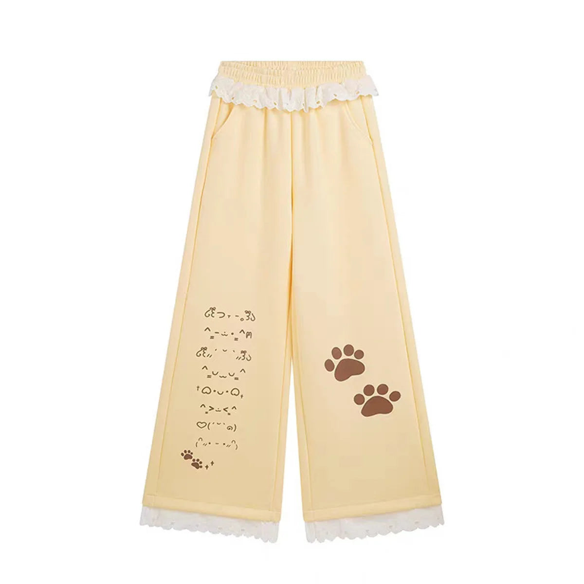 Kawaii Women's Paw-Print Wide-Leg Pants with Lace Trim