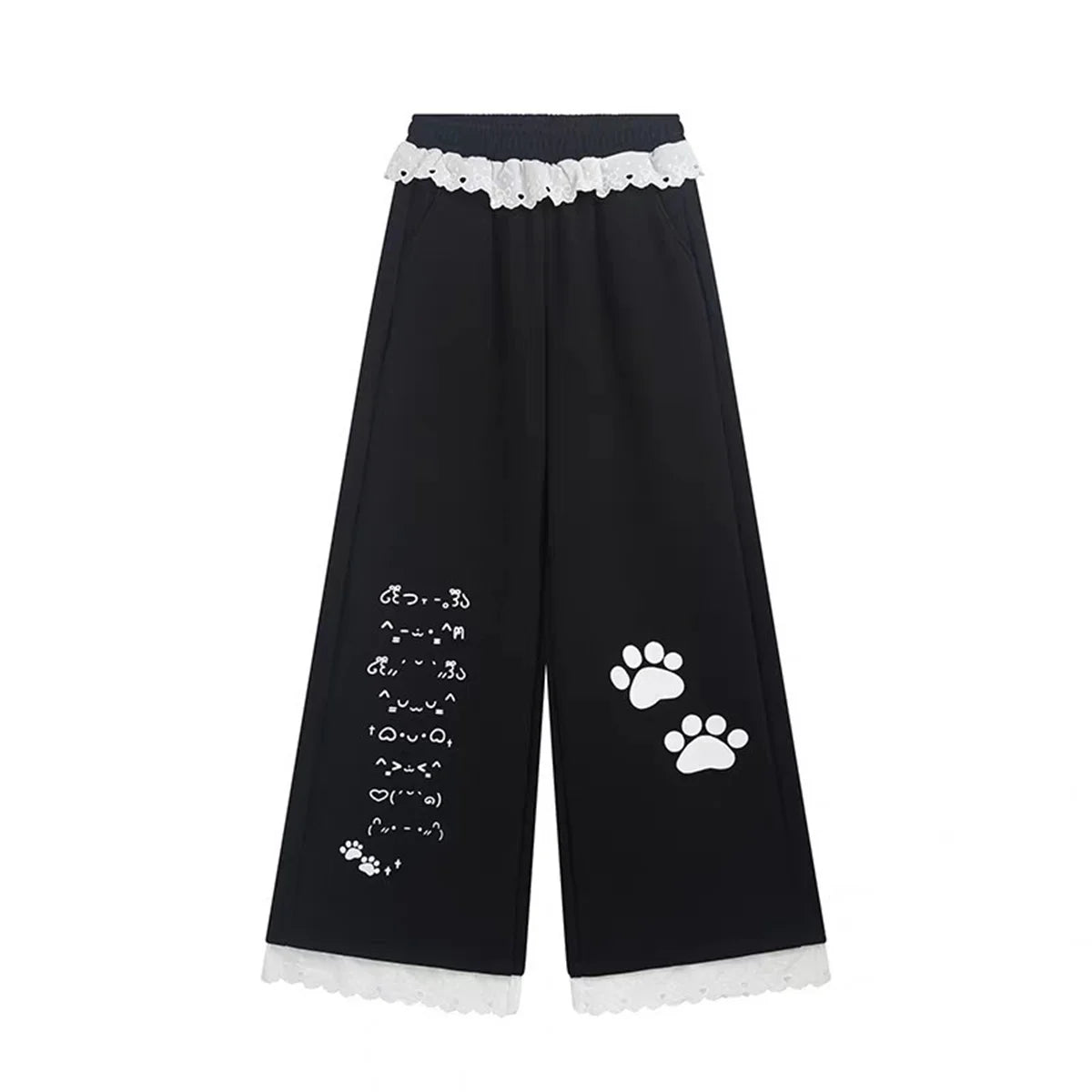 Kawaii Women's Paw-Print Wide-Leg Pants with Lace Trim