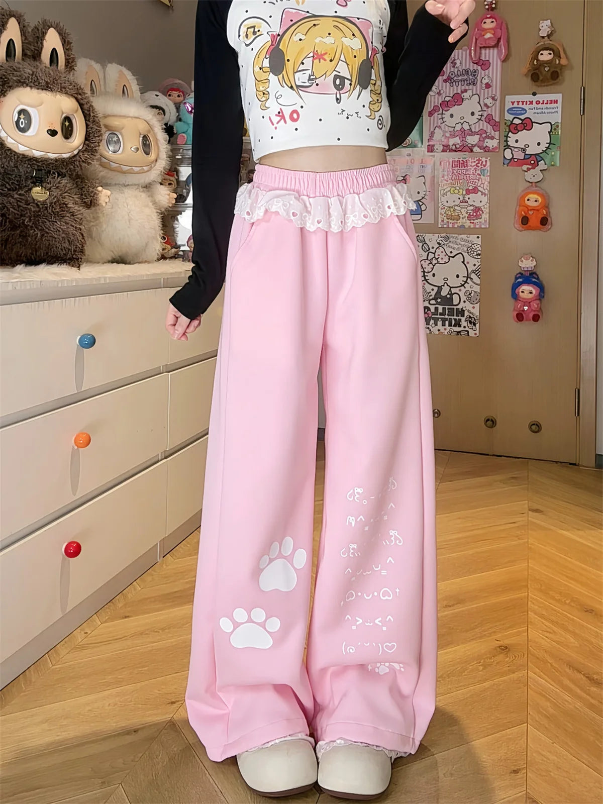 Kawaii Women's Paw-Print Wide-Leg Pants with Lace Trim