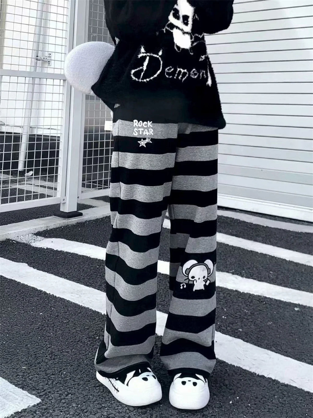 Kawaii Black & Gray Striped Character Print Pants with Lace-Up Detail