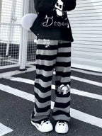 Kawaii Black & Gray Striped Character Print Pants with Lace-Up Detail