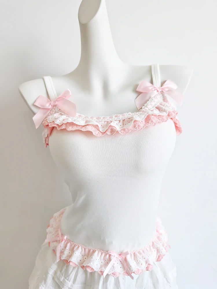 Kawaii Lace-Trim Bow Camisole Tops & Skirt Sets