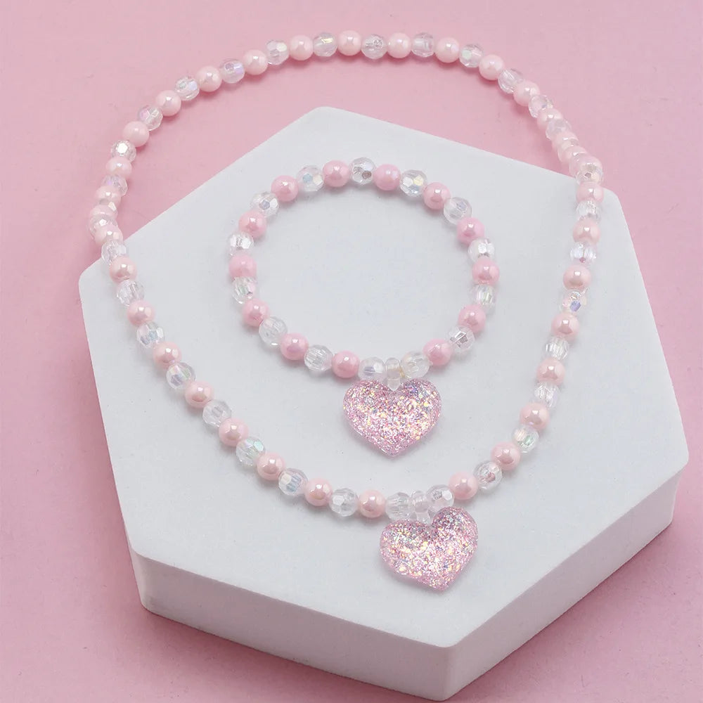 Kawaii Pink Heart Beaded Necklace and Bracelet Set
