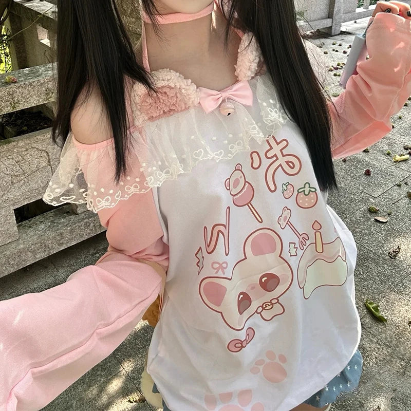 Pink Kawaii Graphic Long-Sleeve Top with Lace Trim