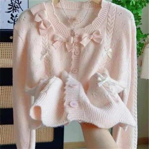 Kawaii Bow-Detail Knit Cardigan
