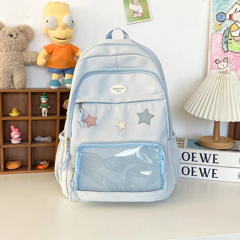 Kawaii Star Appliqué Backpack with Clear Front Pocket
