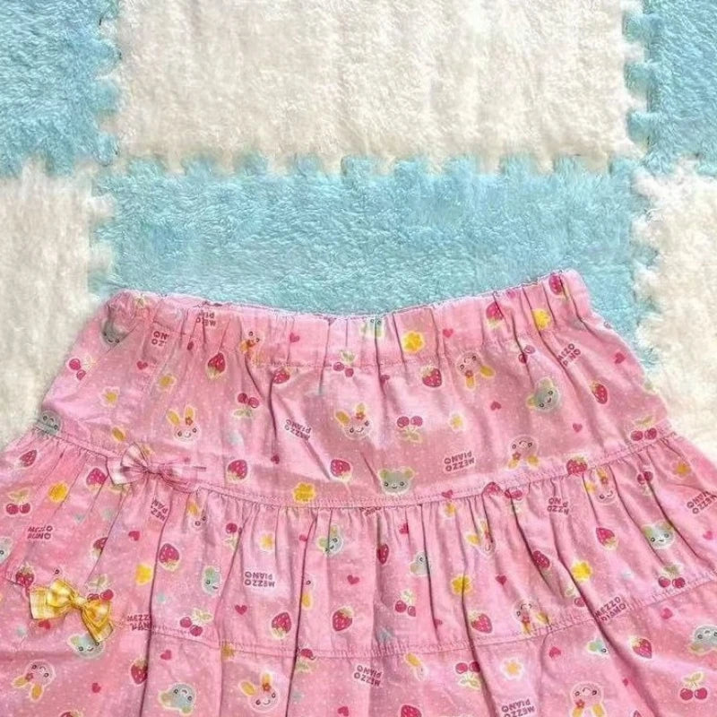 Kawaii Pink Fruit-and-Character Print Tiered Mini Skirt with Lace Trim