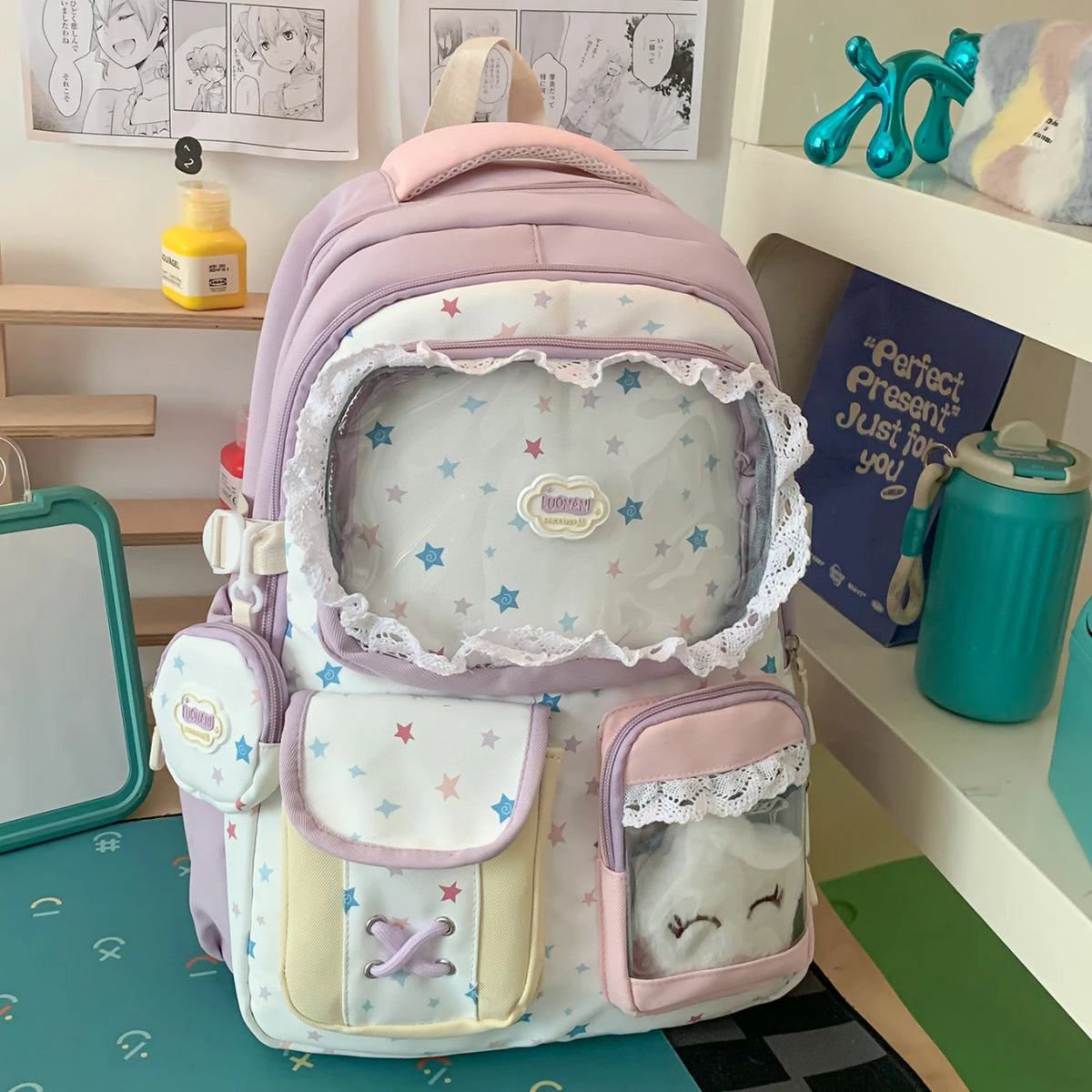 Kawaii Star Print Lace-Trim Backpack with Plush Front Pocket