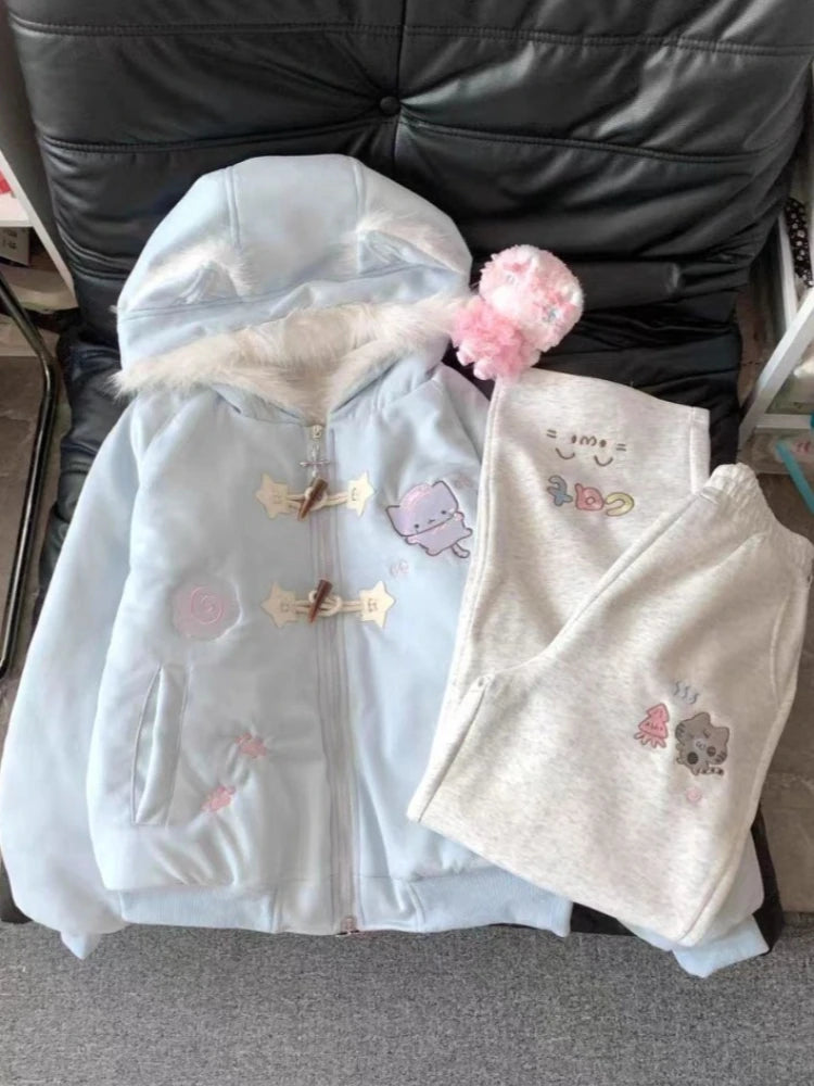 Kawaii Kitty Embroidered Hooded Winter Coat