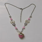 Kawaii Pink Strawberry Pendant Necklace with Bow and Heart Details