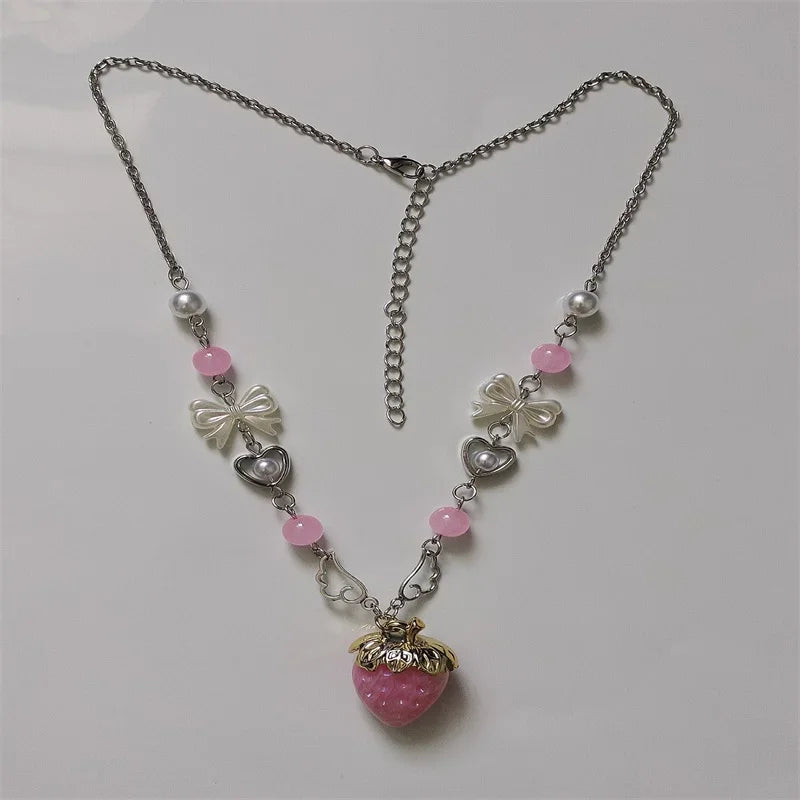 Kawaii Pink Strawberry Pendant Necklace with Bow and Heart Details