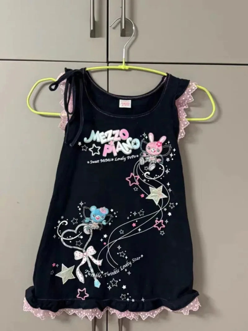 Kawaii Black Sleeveless Cartoon Print Dress with Lace Trim