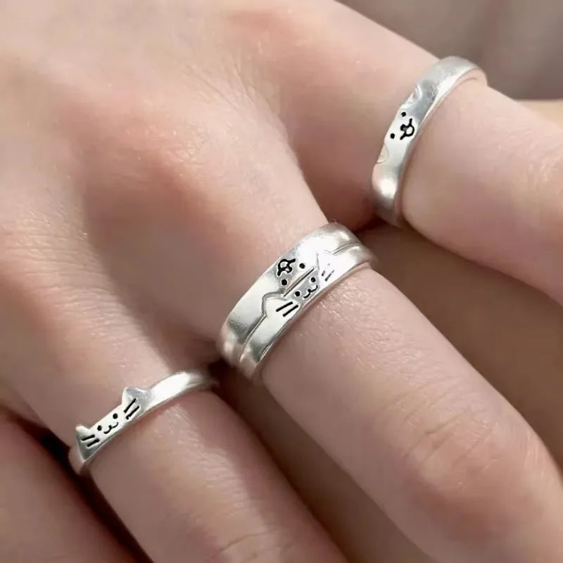 Kawaii Adjustable Silver-Tone Cat and Dog Rings