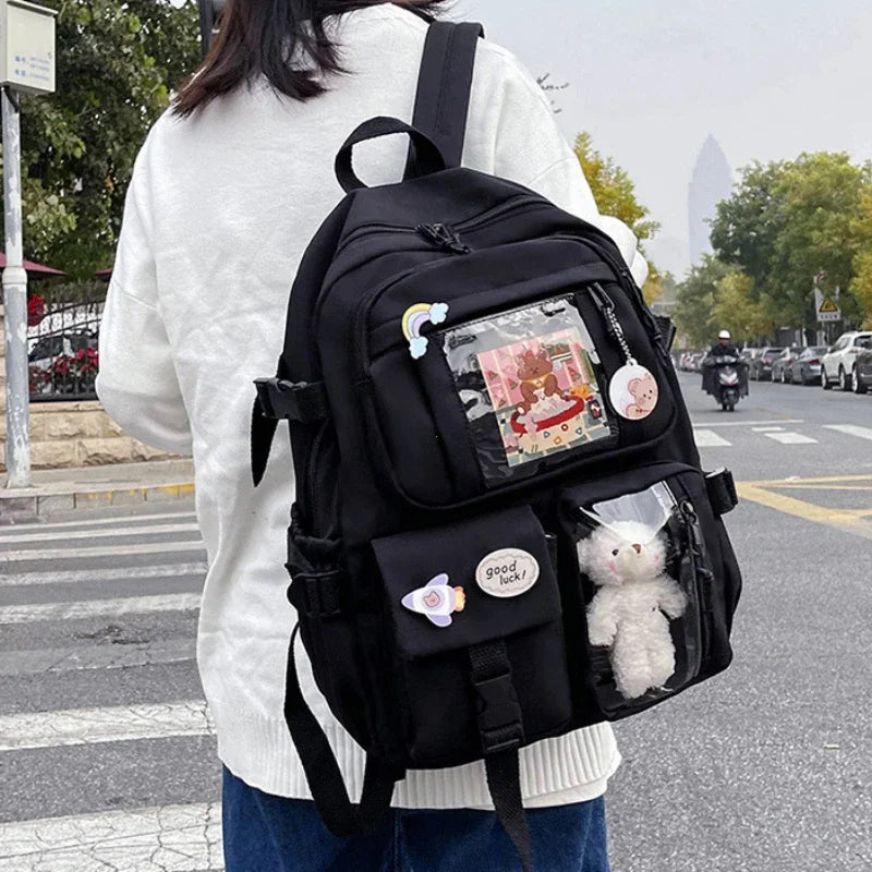 Kawaii Multi-Pocket Nylon Backpack with Clear Display Pockets