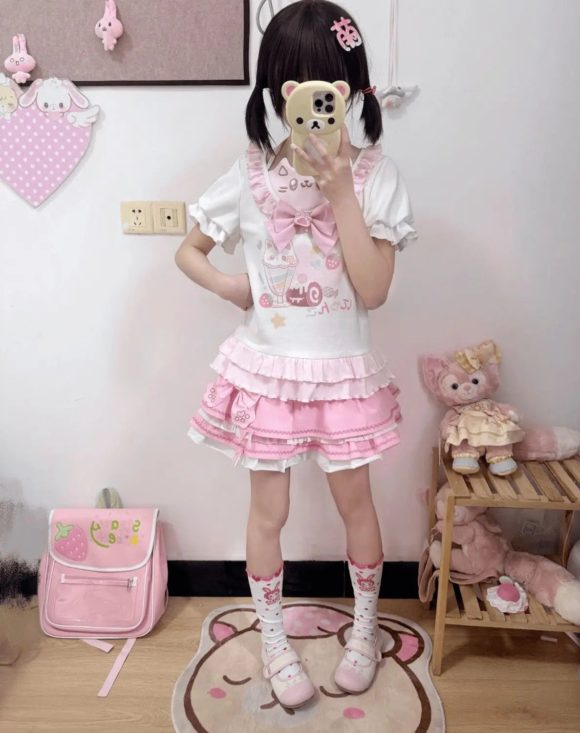 Kawaii Cat Print Ruffle T-Shirt with Bow Detail