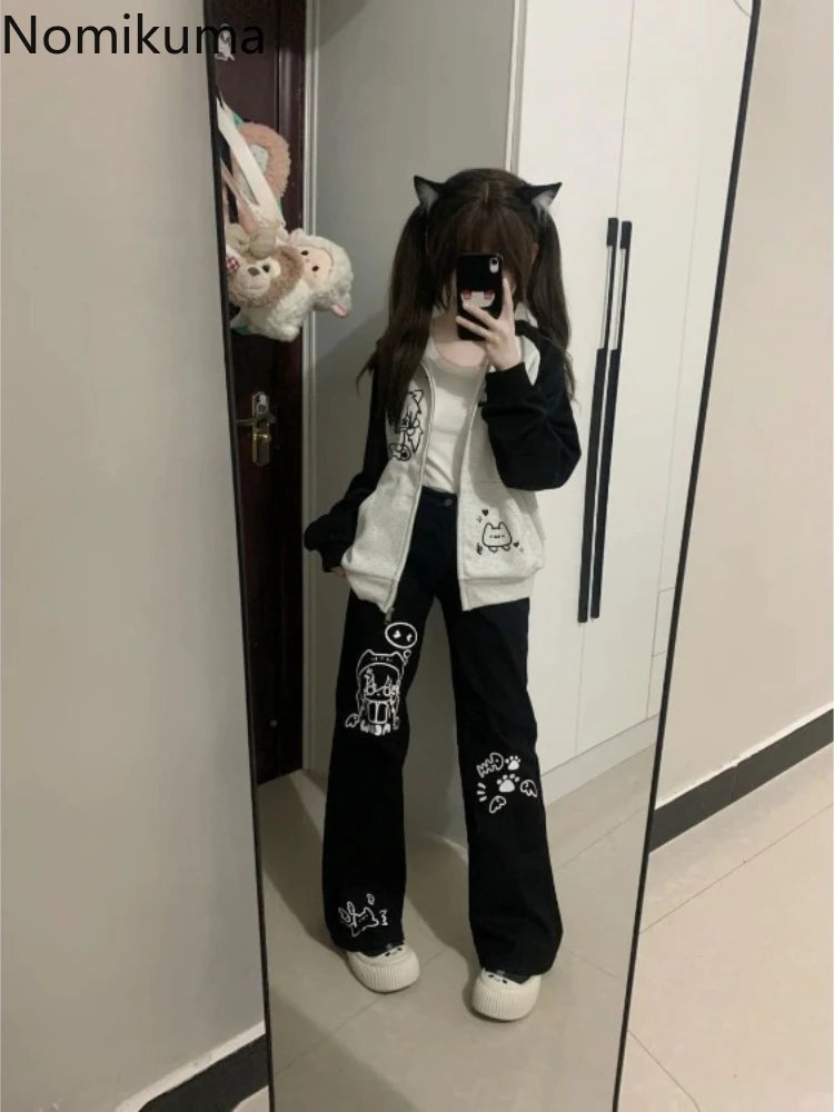 Kawaii Women's Black Cartoon Print Straight-Leg Pants