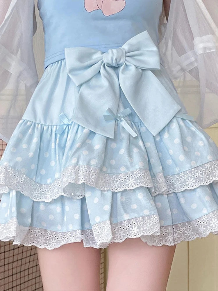 Kawaii Bow Polka-Dot Tiered Mini Skirt