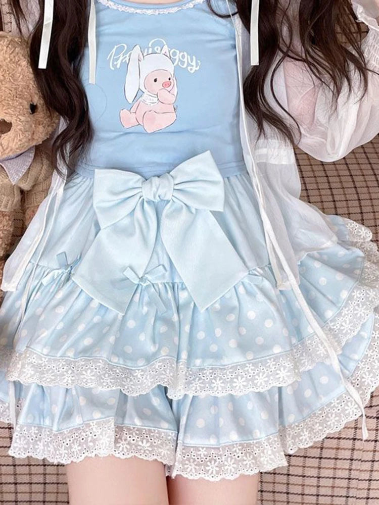 Kawaii Bow Polka-Dot Tiered Mini Skirt
