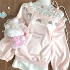 Kawaii Pink Lace-Trimmed Bow Print Pullover Sweatshirt