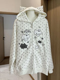 White Kawaii Cat Cartoon Polka Dot Zip-Up Hoodie