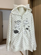 White Kawaii Cat Cartoon Polka Dot Zip-Up Hoodie