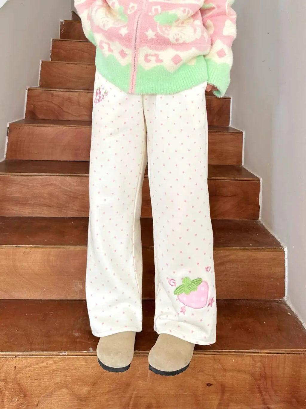 Kawaii Women's White Strawberry Embroidered Polka-Dot Pants