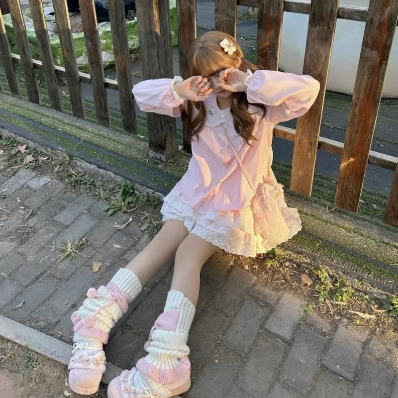 Kawaii Pink Embroidered Peter Pan Collar Blouse with Lace Trim