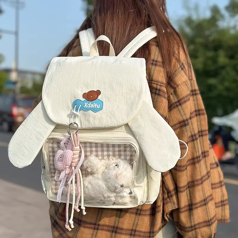 Kawaii Rabbit-Ear Ita Backpack with Transparent Front Pocket