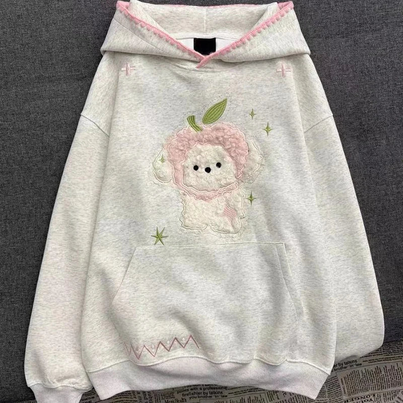 Kawaii Women's Light Gray Embroidered Sheep Hooded Pullover Sweatshirt