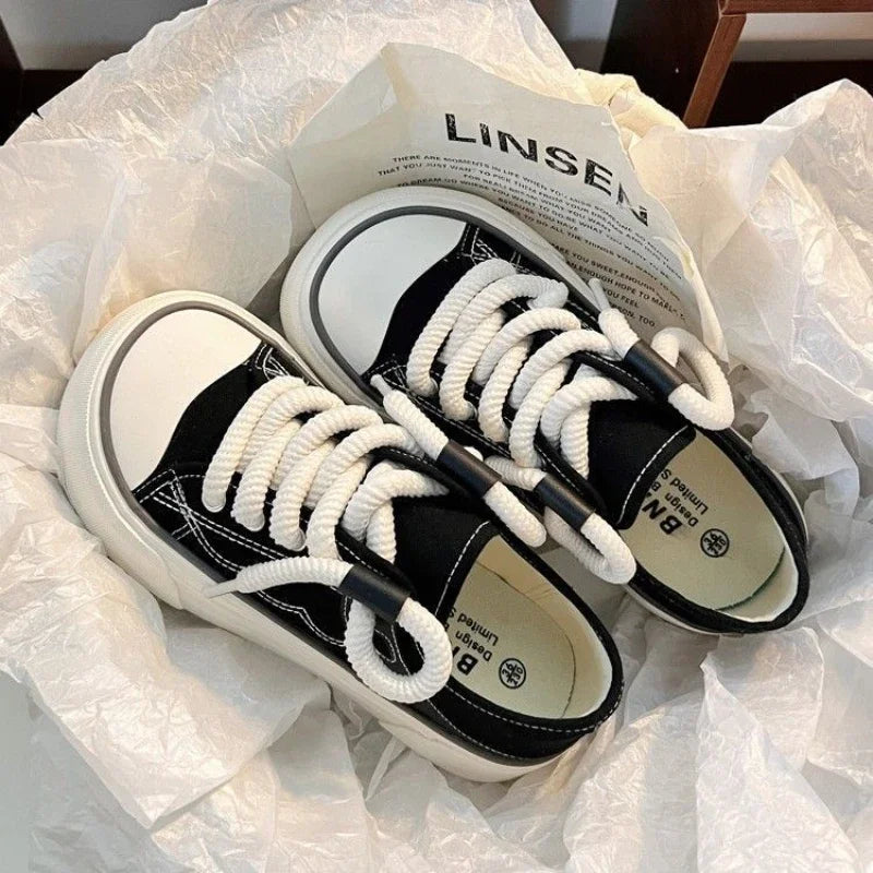 Women's Kawaii Canvas Platform Sneakers - Lace-Up, 4 cm Heel