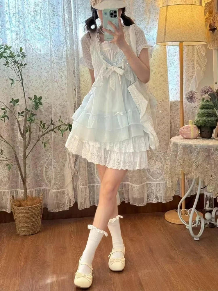 Kawaii Women's Lace Bow Detail 3-Piece Mini Dress Set
