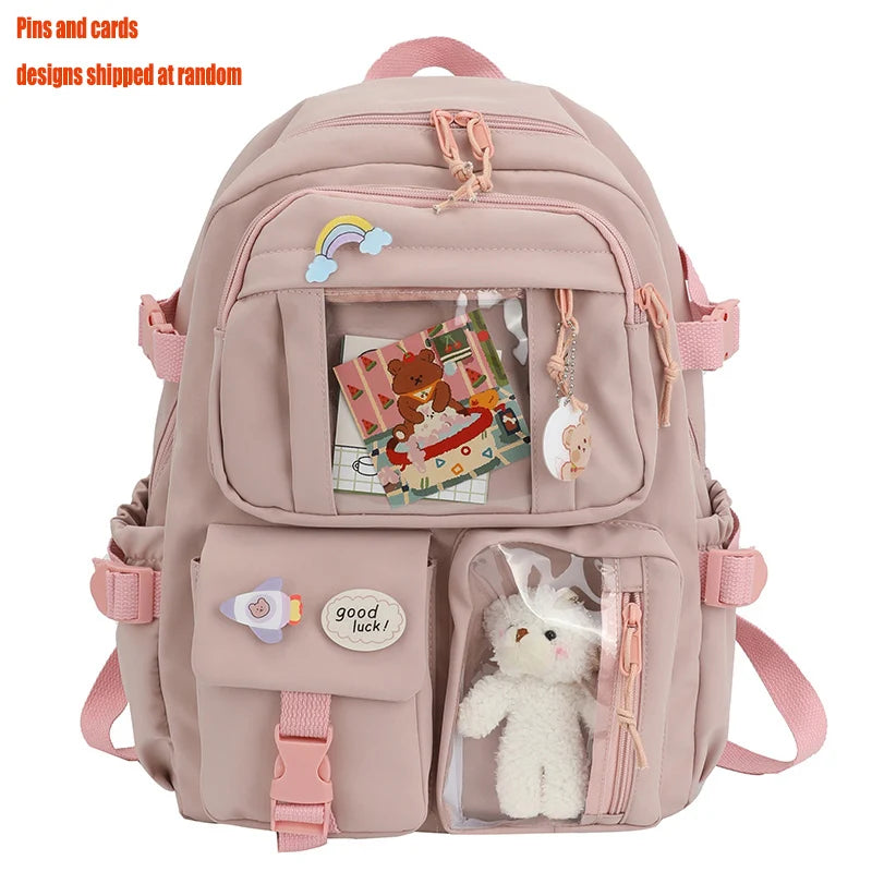 Kawaii Multi-Pocket Nylon Backpack with Laptop Compartment