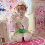 Kawaii Green Cartoon Graphic Long-Sleeve Top