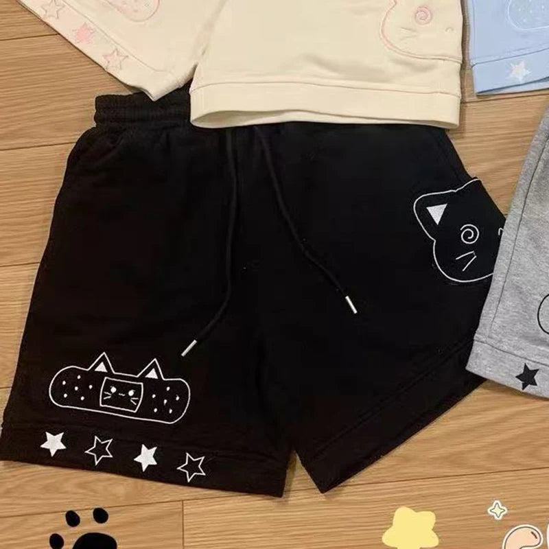 Kawaii Cat Appliqué Wide-Leg Shorts