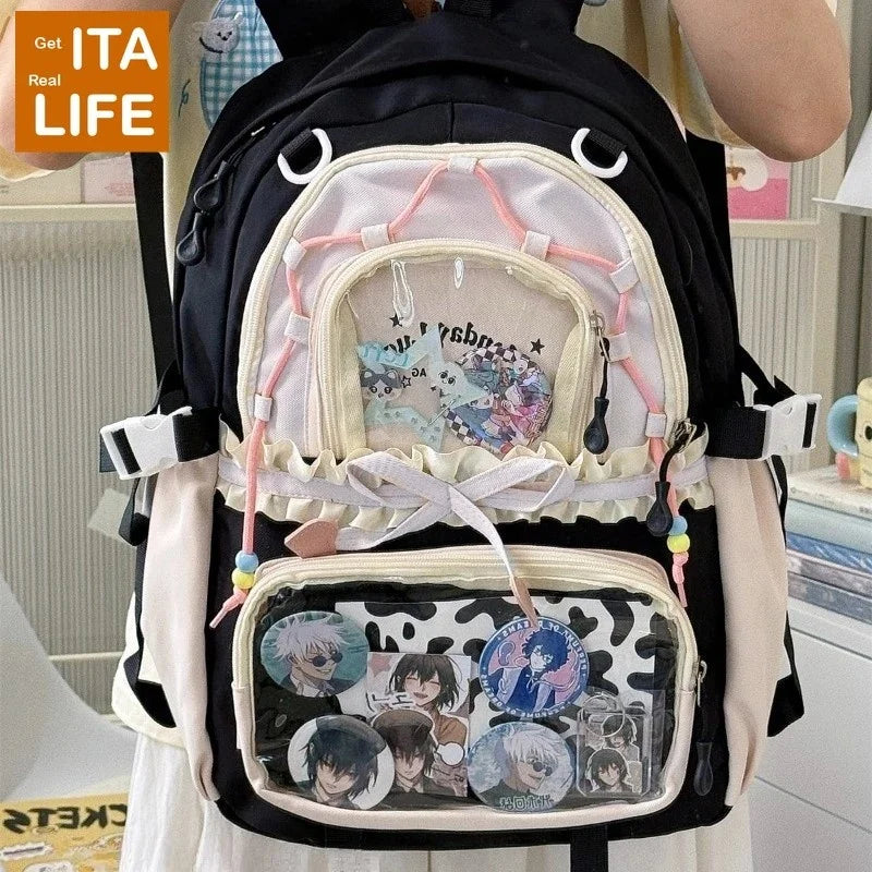 Kawaii Ita Backpack with Clear Display Pockets and Ruffle Bow Detail