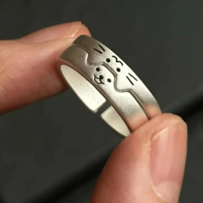 Kawaii Adjustable Silver Cat and Dog Couple Rings