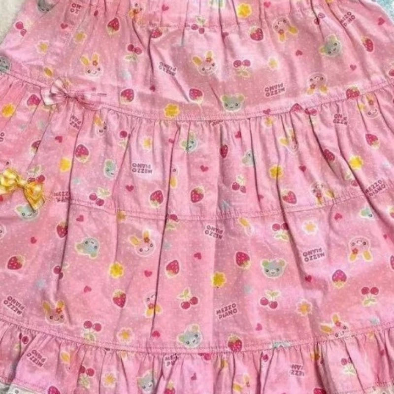 Kawaii Pink Fruit-and-Character Print Tiered Mini Skirt with Lace Trim