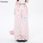 Women's Kawaii Cartoon Embroidered Wide-Leg Pants