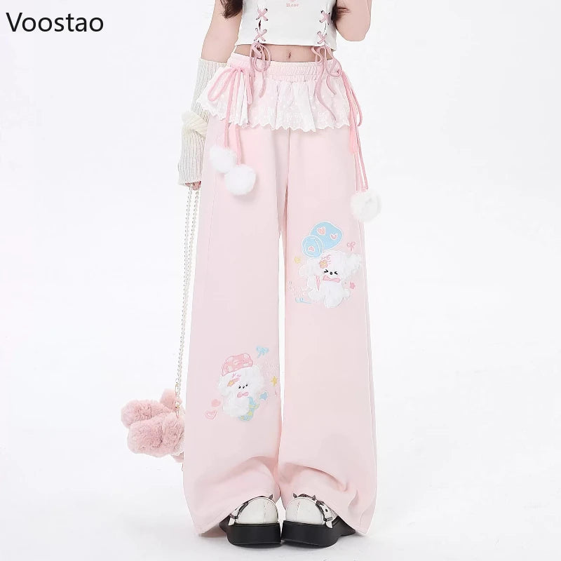 Women's Kawaii Cartoon Embroidered Wide-Leg Pants