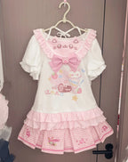 Kawaii Cat Print Ruffle T-Shirt with Bow Detail